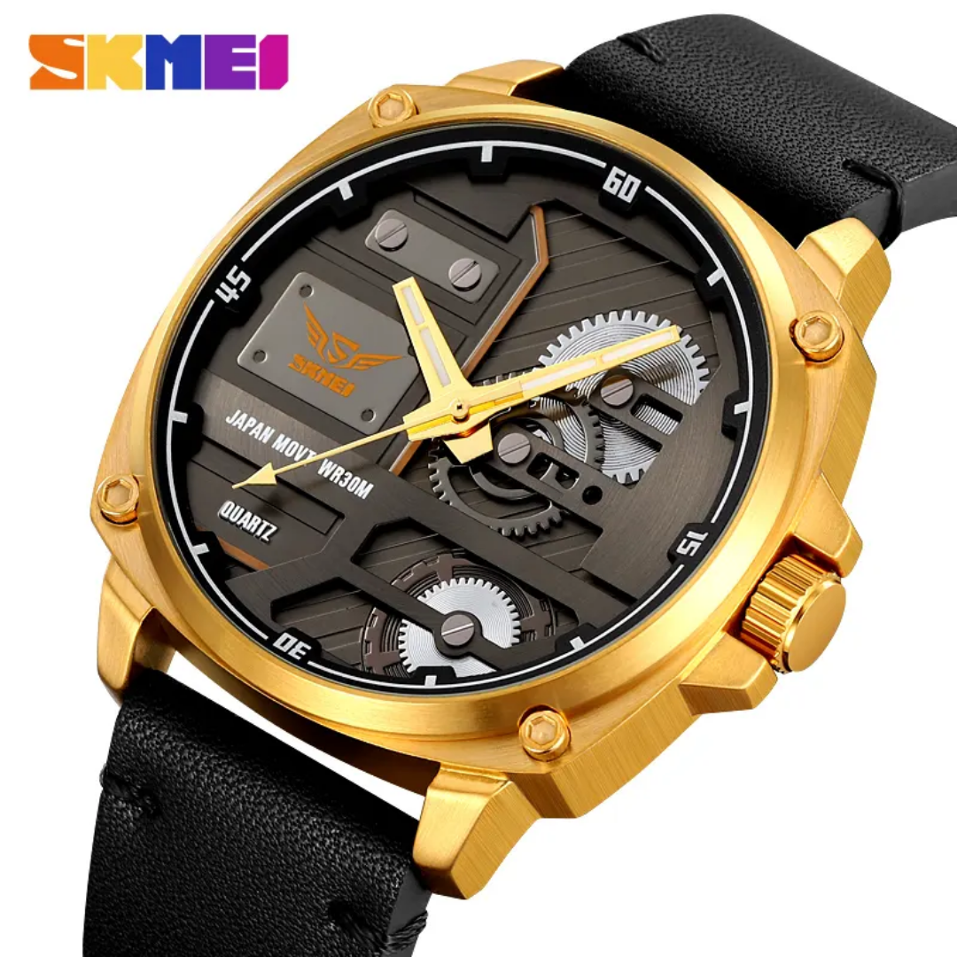 SKMEI 2289 – Leather Quartz Watch with Stainless Steel Frame