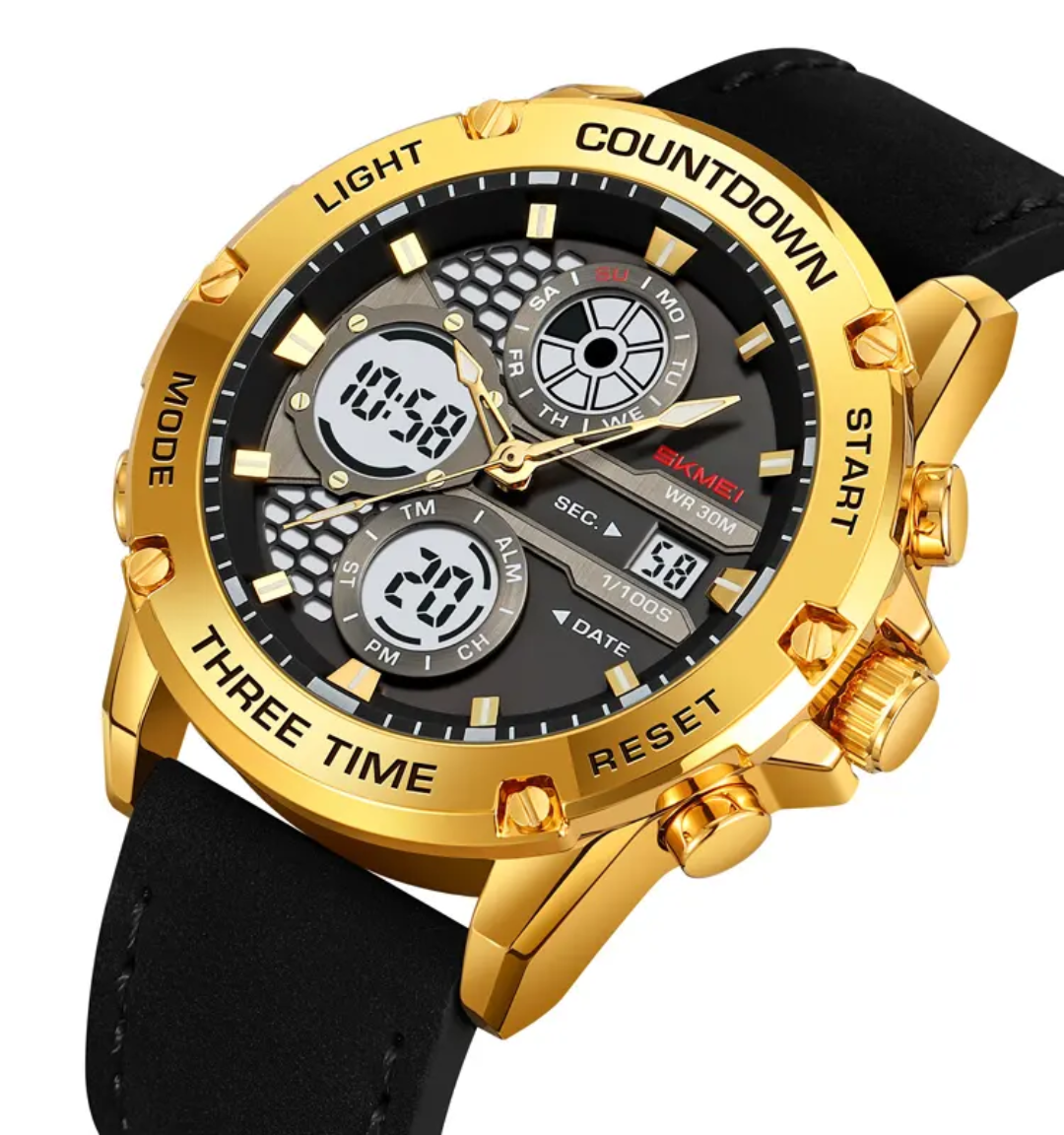 SKMEI 2502 Men’s Digital Sports Watch 3 Time Display Alarm Luminous Leather Strap