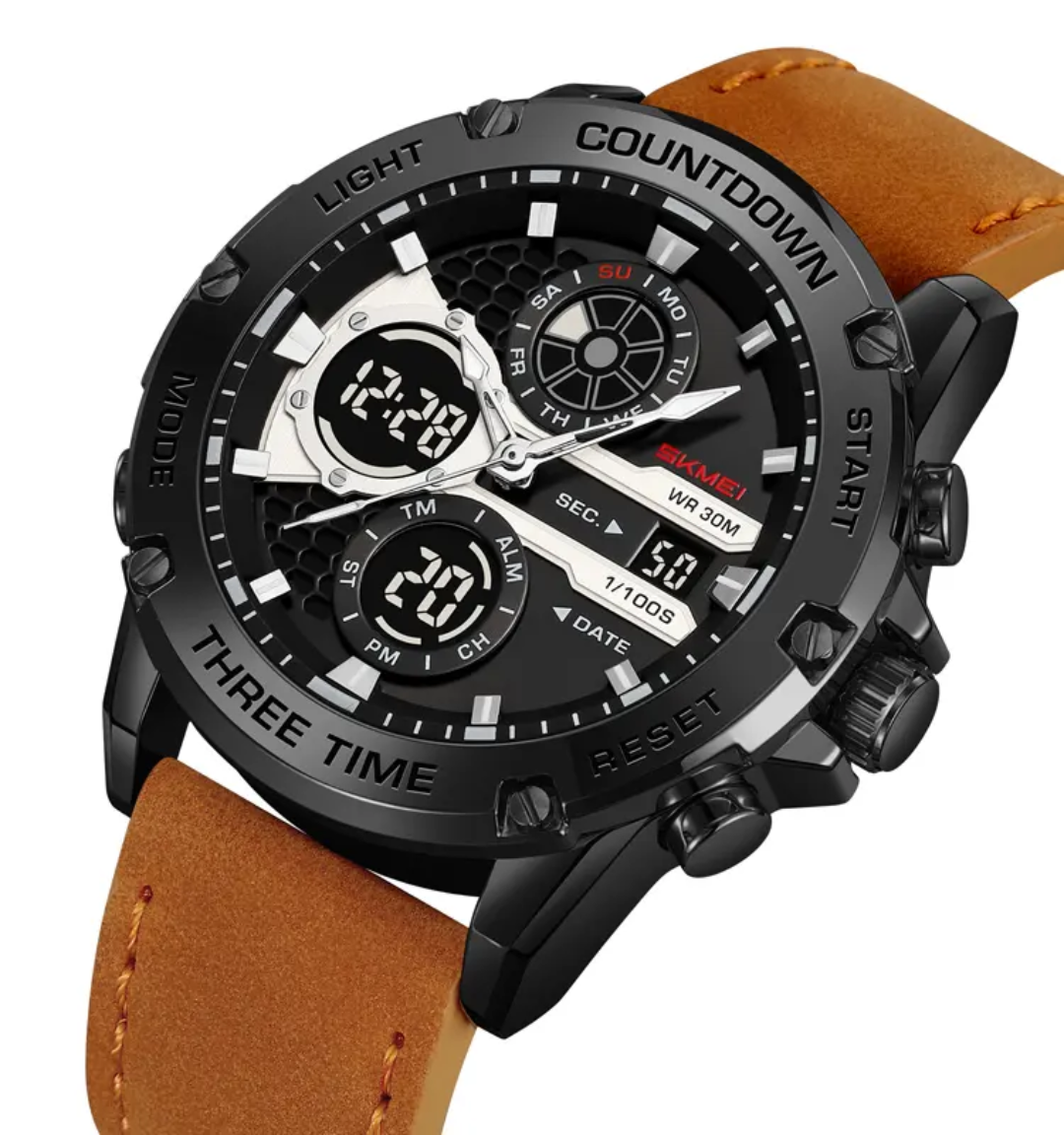 SKMEI 2502 Men’s Digital Sports Watch 3 Time Display Alarm Luminous Leather Strap