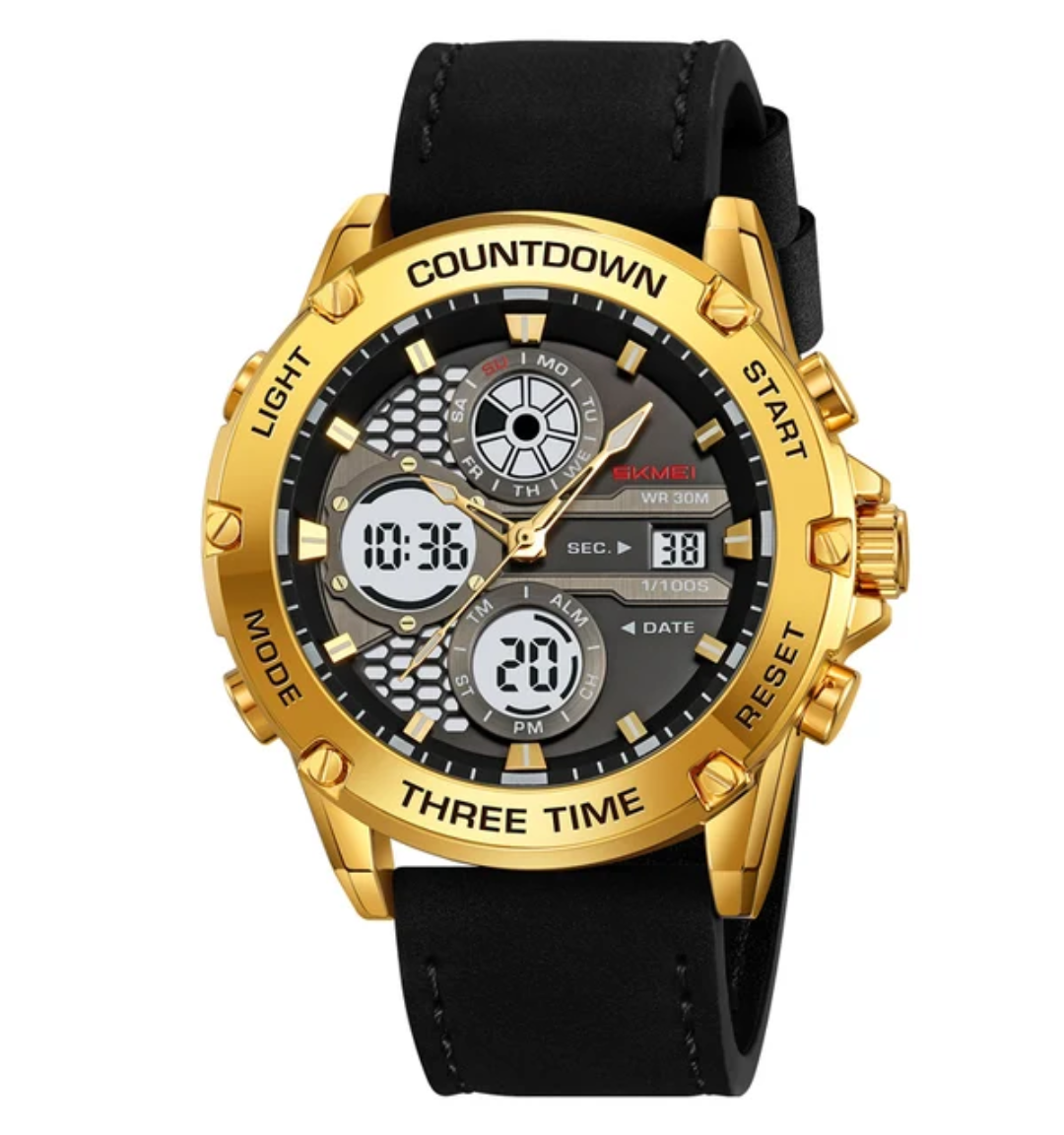 SKMEI 2502 Men’s Digital Sports Watch 3 Time Display Alarm Luminous Leather Strap