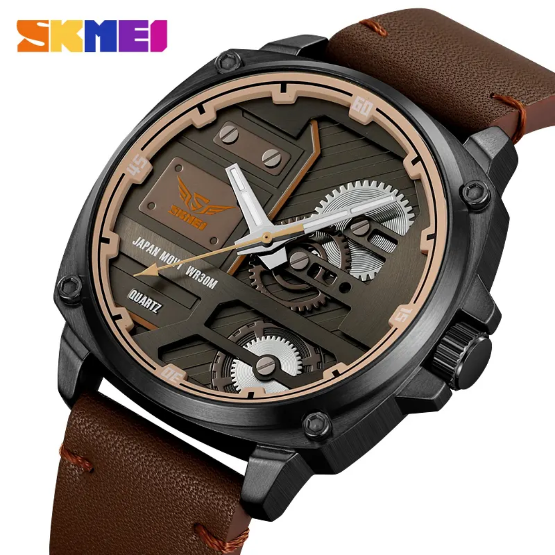 SKMEI 2289 – Leather Quartz Watch with Stainless Steel Frame