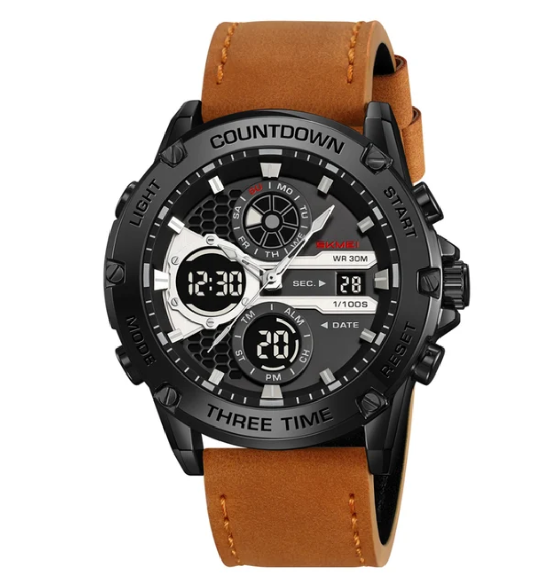 SKMEI 2502 Men’s Digital Sports Watch 3 Time Display Alarm Luminous Leather Strap