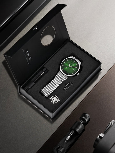 TOMI Men’s Chain Watch – Day/Date, Master Lock Ring Brooch