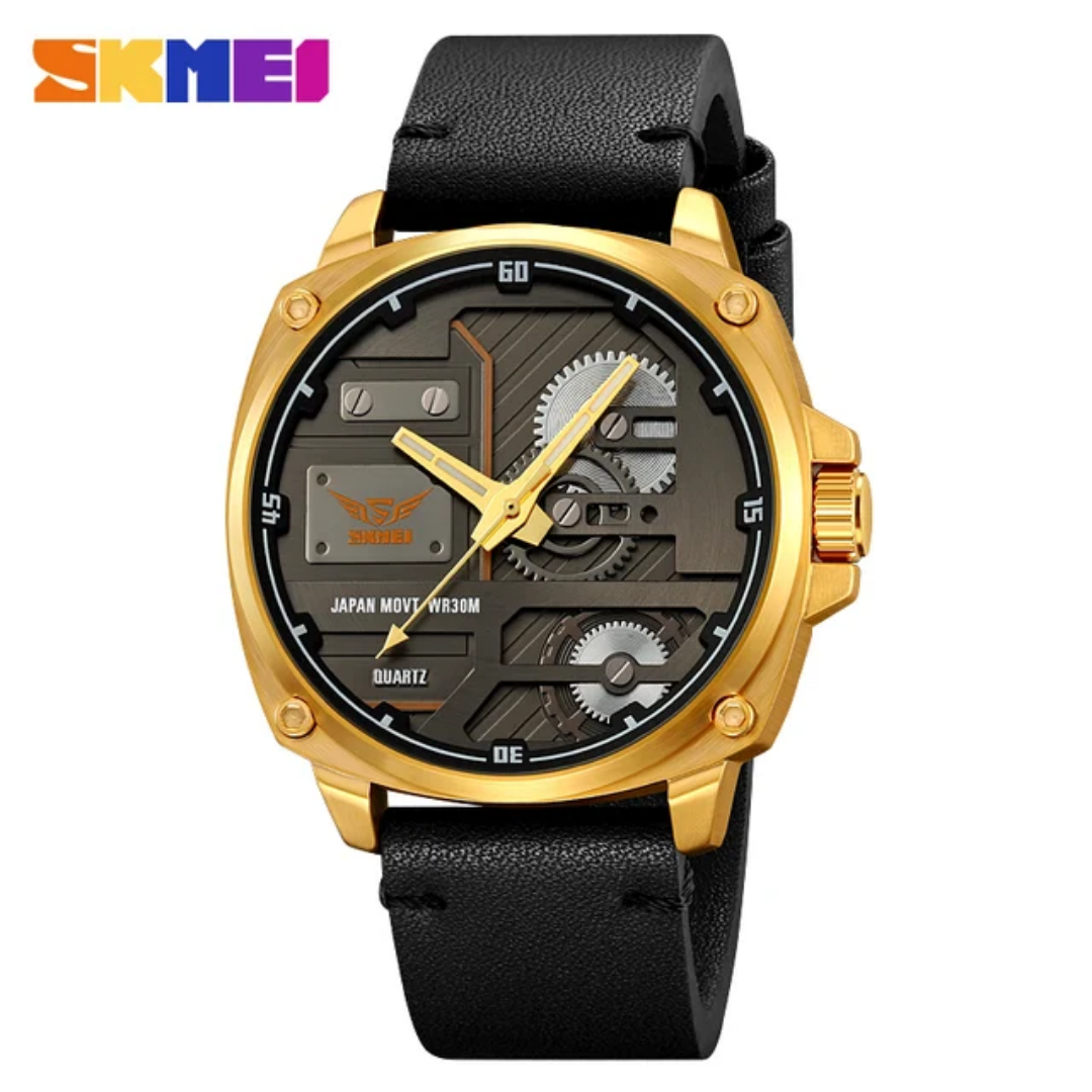 SKMEI 2289 – Leather Quartz Watch with Stainless Steel Frame