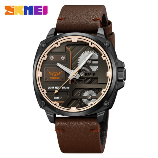 SKMEI 2289 – Leather Quartz Watch with Stainless Steel Frame