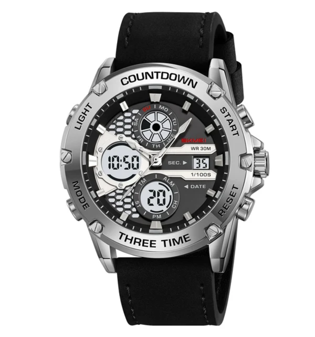 SKMEI 2502 Men’s Digital Sports Watch 3 Time Display Alarm Luminous Leather Strap