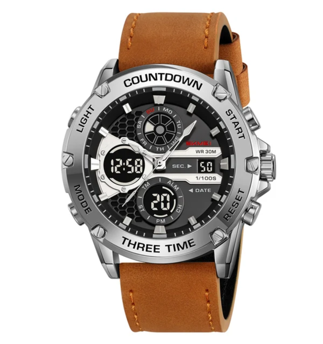 SKMEI 2502 Men’s Digital Sports Watch 3 Time Display Alarm Luminous Leather Strap